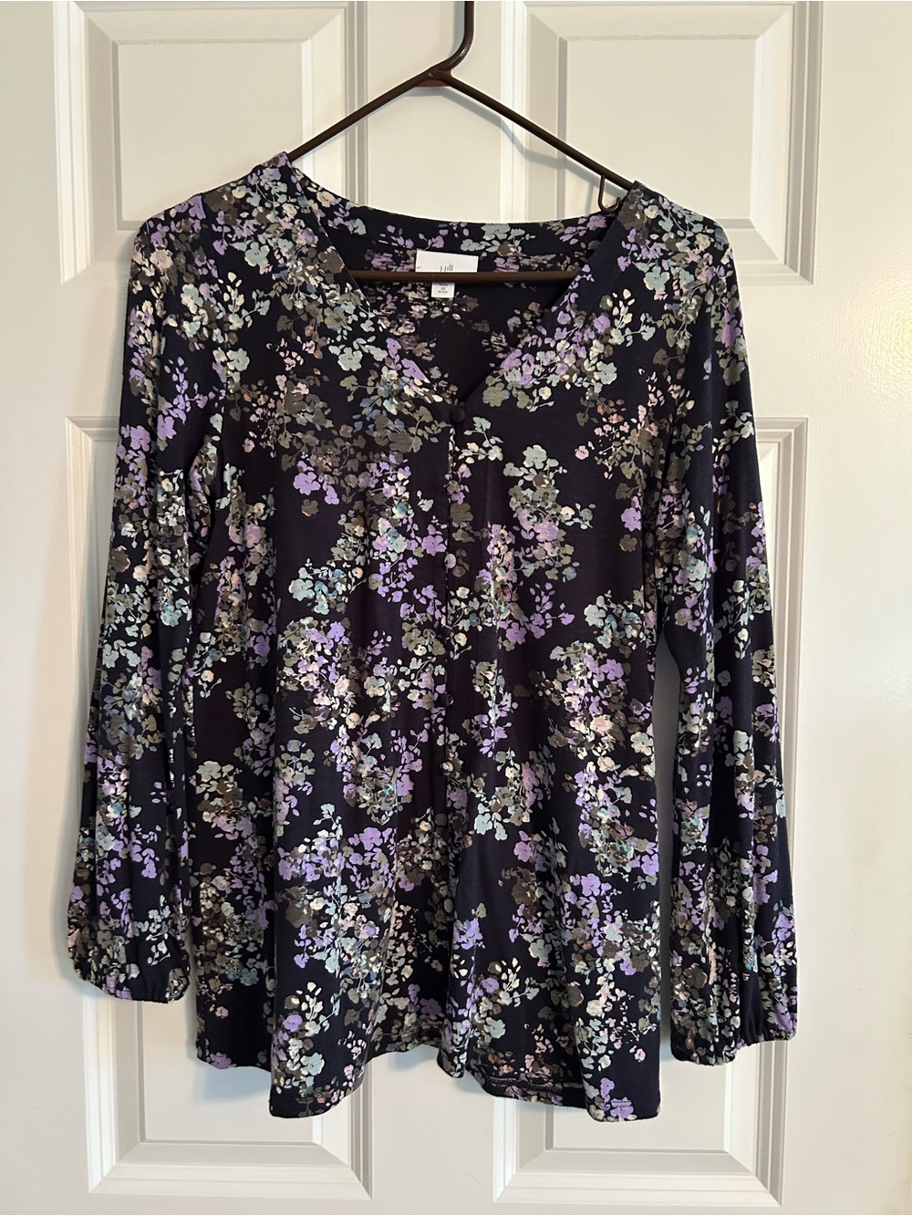 J. Jill Black Long-Sleeve V-Neck Top with Purple and olive Floral Print